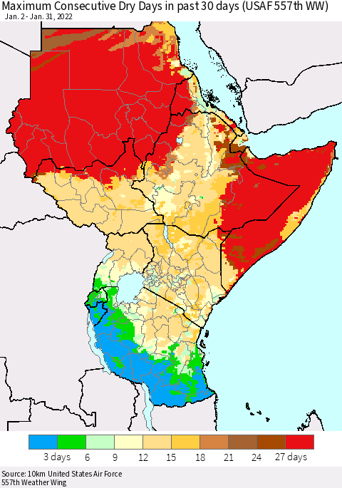 Eastern Africa Maximum Consecutive Dry Days in past 30 days (USAF 557th WW) 01/31/2022 Thematic Map For 1/26/2022 - 1/31/2022