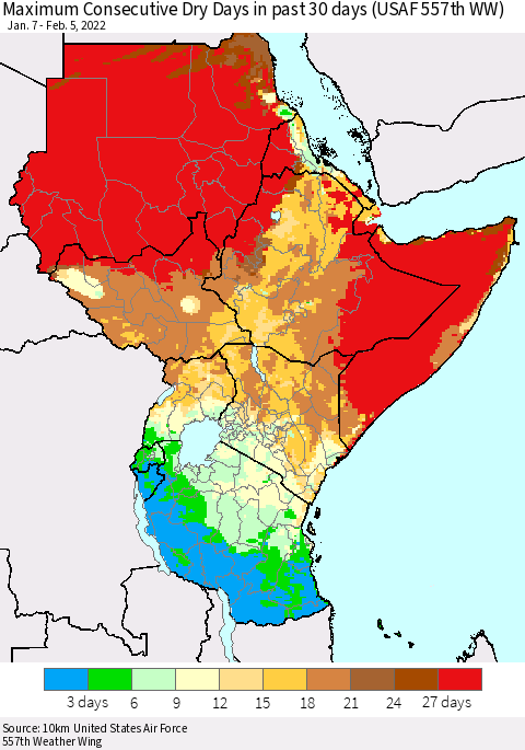 Eastern Africa Maximum Consecutive Dry Days in past 30 days (USAF 557th WW) 02/05/2022 Thematic Map For 2/1/2022 - 2/5/2022