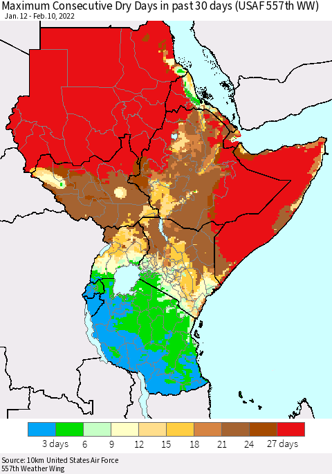 Eastern Africa Maximum Consecutive Dry Days in past 30 days (USAF 557th WW) 02/10/2022 Thematic Map For 2/6/2022 - 2/10/2022