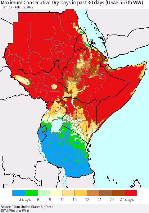 Eastern Africa Maximum Consecutive Dry Days in past 30 days (USAF 557th WW) 02/15/2022 Thematic Map For 2/11/2022 - 2/15/2022