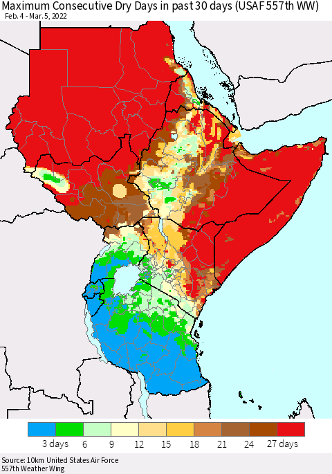 Eastern Africa Maximum Consecutive Dry Days in past 30 days (USAF 557th WW) 03/05/2022 Thematic Map For 3/1/2022 - 3/5/2022