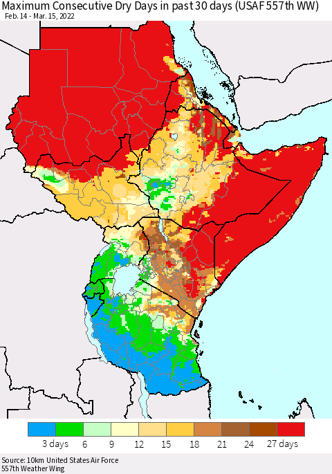 Eastern Africa Maximum Consecutive Dry Days in past 30 days (USAF 557th WW) 03/15/2022 Thematic Map For 3/11/2022 - 3/15/2022
