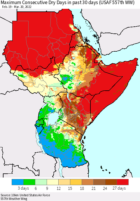 Eastern Africa Maximum Consecutive Dry Days in past 30 days (USAF 557th WW) 03/20/2022 Thematic Map For 3/16/2022 - 3/20/2022
