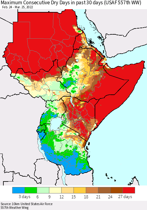 Eastern Africa Maximum Consecutive Dry Days in past 30 days (USAF 557th WW) 03/25/2022 Thematic Map For 3/21/2022 - 3/25/2022