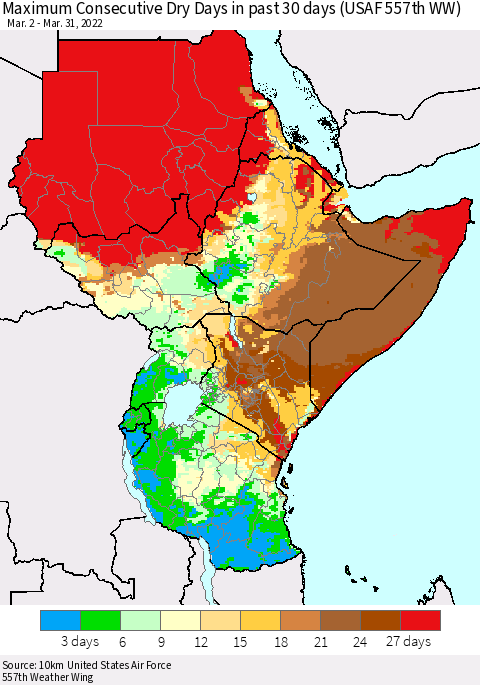 Eastern Africa Maximum Consecutive Dry Days in past 30 days (USAF 557th WW) 03/31/2022 Thematic Map For 3/26/2022 - 3/31/2022