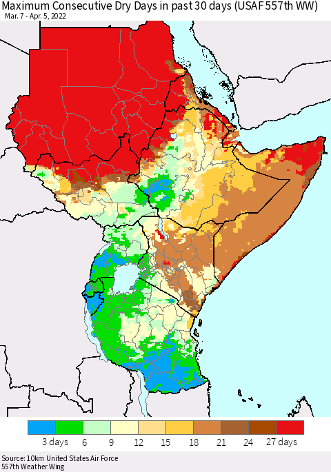 Eastern Africa Maximum Consecutive Dry Days in past 30 days (USAF 557th WW) 04/05/2022 Thematic Map For 4/1/2022 - 4/5/2022