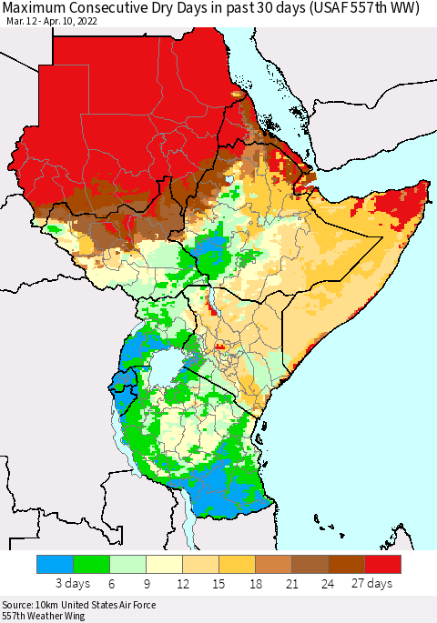 Eastern Africa Maximum Consecutive Dry Days in past 30 days (USAF 557th WW) 04/10/2022 Thematic Map For 4/6/2022 - 4/10/2022