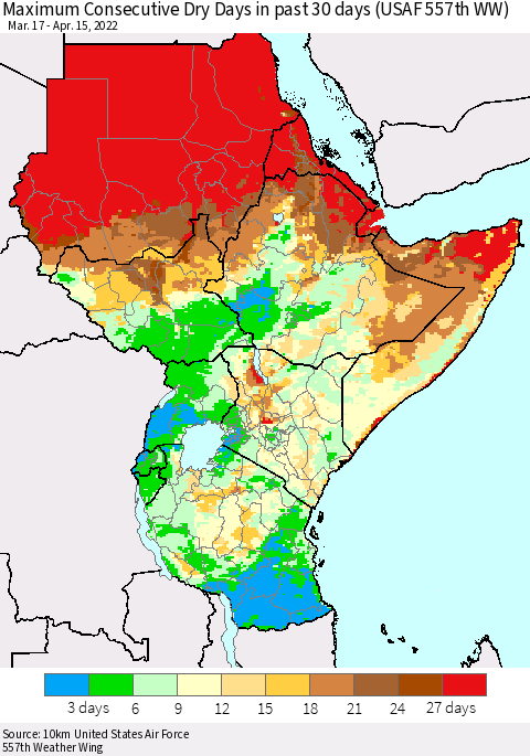 Eastern Africa Maximum Consecutive Dry Days in past 30 days (USAF 557th WW) 04/15/2022 Thematic Map For 4/11/2022 - 4/15/2022