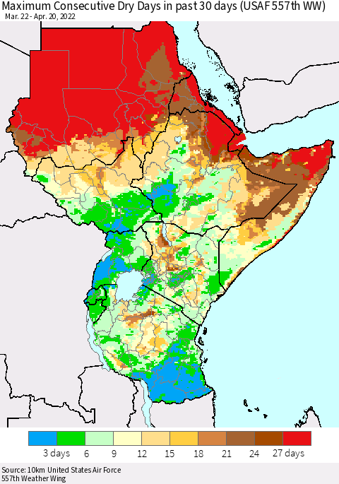 Eastern Africa Maximum Consecutive Dry Days in past 30 days (USAF 557th WW) 04/20/2022 Thematic Map For 4/16/2022 - 4/20/2022