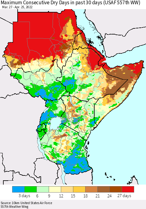 Eastern Africa Maximum Consecutive Dry Days in past 30 days (USAF 557th WW) 04/25/2022 Thematic Map For 4/21/2022 - 4/25/2022