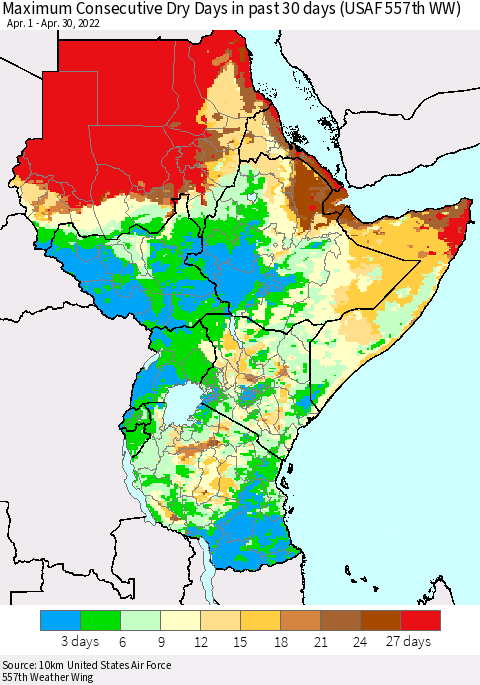 Eastern Africa Maximum Consecutive Dry Days in past 30 days (USAF 557th WW) 04/30/2022 Thematic Map For 4/26/2022 - 4/30/2022