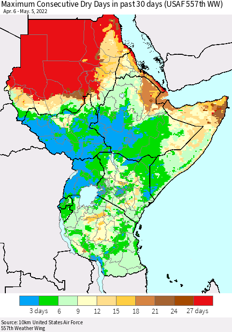 Eastern Africa Maximum Consecutive Dry Days in past 30 days (USAF 557th WW) 05/05/2022 Thematic Map For 5/1/2022 - 5/5/2022