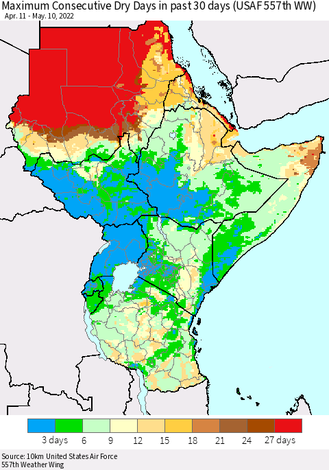 Eastern Africa Maximum Consecutive Dry Days in past 30 days (USAF 557th WW) 05/10/2022 Thematic Map For 5/6/2022 - 5/10/2022