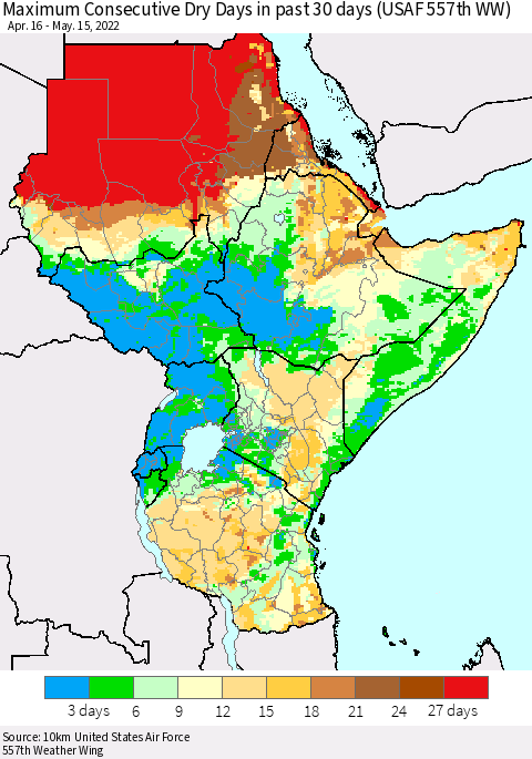 Eastern Africa Maximum Consecutive Dry Days in past 30 days (USAF 557th WW) 05/15/2022 Thematic Map For 5/11/2022 - 5/15/2022