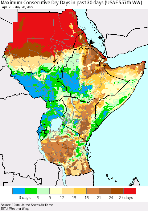 Eastern Africa Maximum Consecutive Dry Days in past 30 days (USAF 557th WW) 05/20/2022 Thematic Map For 5/16/2022 - 5/20/2022