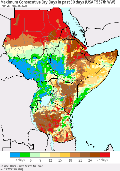 Eastern Africa Maximum Consecutive Dry Days in past 30 days (USAF 557th WW) 05/25/2022 Thematic Map For 5/21/2022 - 5/25/2022