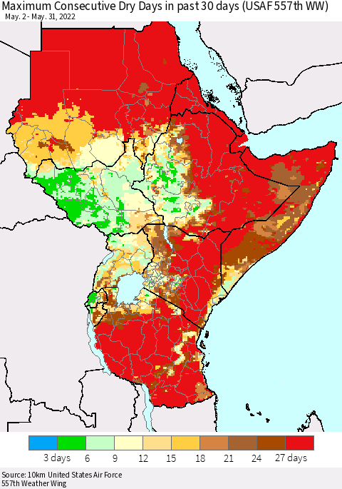 Eastern Africa Maximum Consecutive Dry Days in past 30 days (USAF 557th WW) 05/31/2022 Thematic Map For 5/26/2022 - 5/31/2022