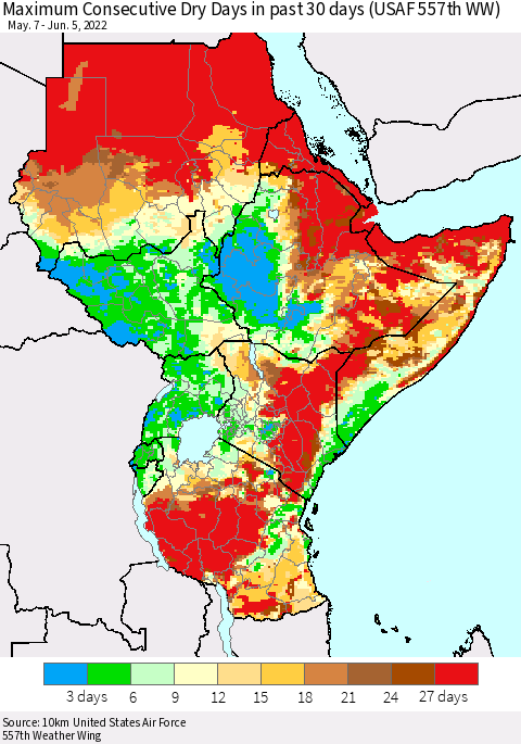 Eastern Africa Maximum Consecutive Dry Days in past 30 days (USAF 557th WW) 06/05/2022 Thematic Map For 6/1/2022 - 6/5/2022