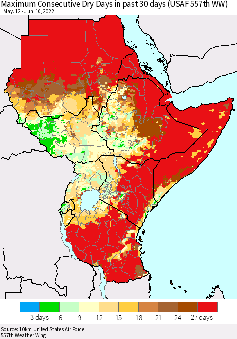 Eastern Africa Maximum Consecutive Dry Days in past 30 days (USAF 557th WW) 06/10/2022 Thematic Map For 6/6/2022 - 6/10/2022