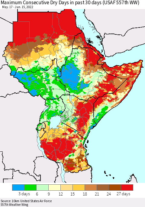 Eastern Africa Maximum Consecutive Dry Days in past 30 days (USAF 557th WW) 06/15/2022 Thematic Map For 6/11/2022 - 6/15/2022