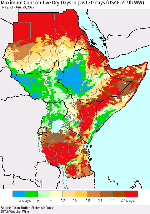 Eastern Africa Maximum Consecutive Dry Days in past 30 days (USAF 557th WW) 06/20/2022 Thematic Map For 6/16/2022 - 6/20/2022