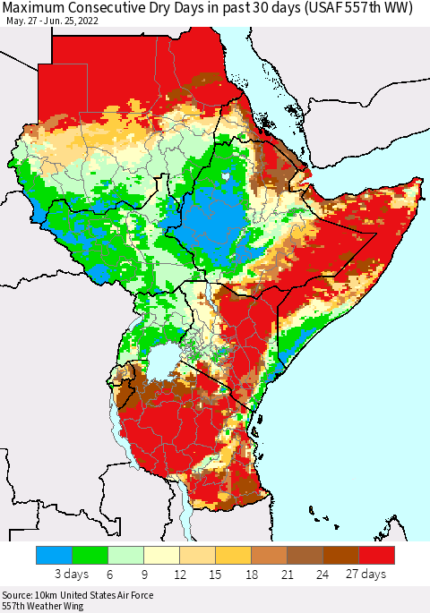 Eastern Africa Maximum Consecutive Dry Days in past 30 days (USAF 557th WW) 06/25/2022 Thematic Map For 6/21/2022 - 6/25/2022