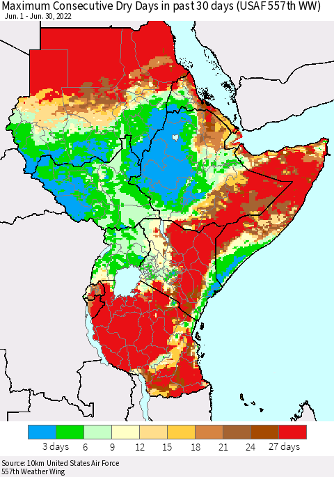 Eastern Africa Maximum Consecutive Dry Days in past 30 days (USAF 557th WW) 06/30/2022 Thematic Map For 6/26/2022 - 6/30/2022