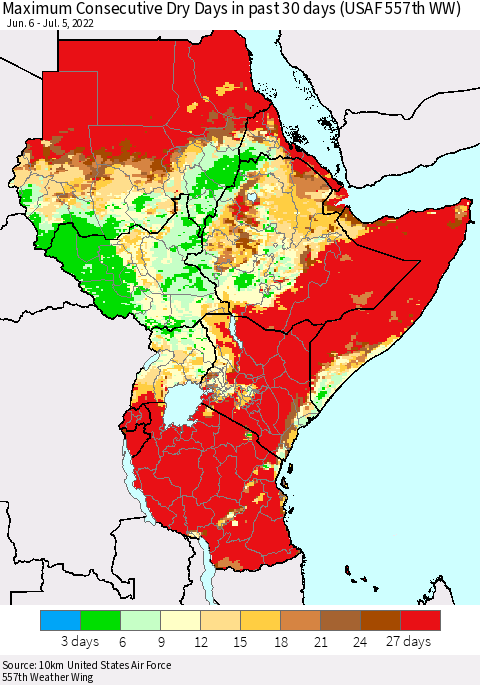 Eastern Africa Maximum Consecutive Dry Days in past 30 days (USAF 557th WW) 07/05/2022 Thematic Map For 7/1/2022 - 7/5/2022