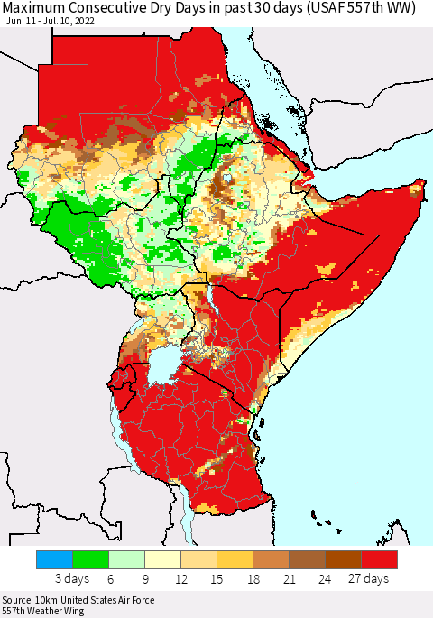 Eastern Africa Maximum Consecutive Dry Days in past 30 days (USAF 557th WW) 07/10/2022 Thematic Map For 7/6/2022 - 7/10/2022