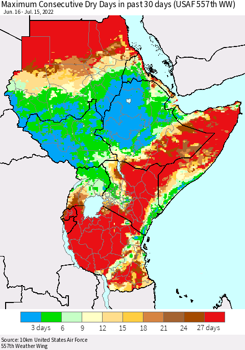 Eastern Africa Maximum Consecutive Dry Days in past 30 days (USAF 557th WW) 07/15/2022 Thematic Map For 7/11/2022 - 7/15/2022