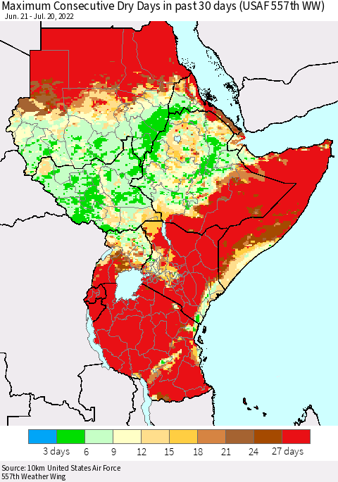Eastern Africa Maximum Consecutive Dry Days in past 30 days (USAF 557th WW) 07/20/2022 Thematic Map For 7/16/2022 - 7/20/2022