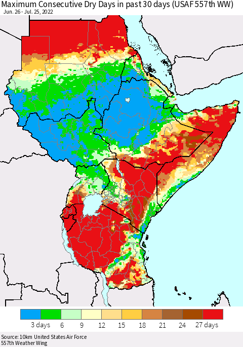 Eastern Africa Maximum Consecutive Dry Days in past 30 days (USAF 557th WW) 07/25/2022 Thematic Map For 7/21/2022 - 7/25/2022