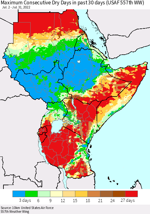 Eastern Africa Maximum Consecutive Dry Days in past 30 days (USAF 557th WW) 07/31/2022 Thematic Map For 7/26/2022 - 7/31/2022