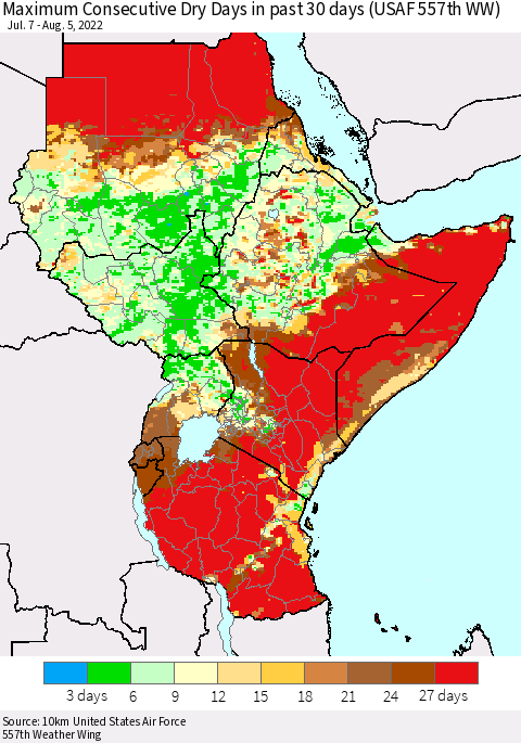 Eastern Africa Maximum Consecutive Dry Days in past 30 days (USAF 557th WW) 08/05/2022 Thematic Map For 8/1/2022 - 8/5/2022