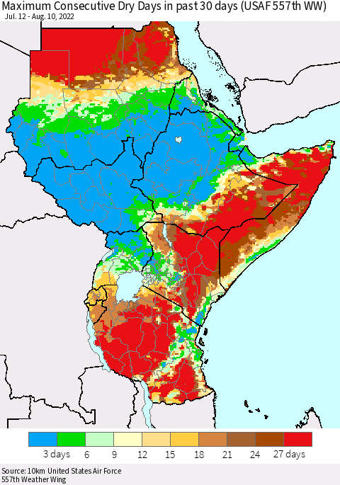 Eastern Africa Maximum Consecutive Dry Days in past 30 days (USAF 557th WW) 08/10/2022 Thematic Map For 8/6/2022 - 8/10/2022
