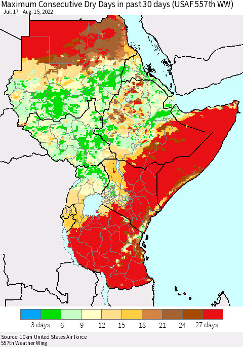 Eastern Africa Maximum Consecutive Dry Days in past 30 days (USAF 557th WW) 08/15/2022 Thematic Map For 8/11/2022 - 8/15/2022