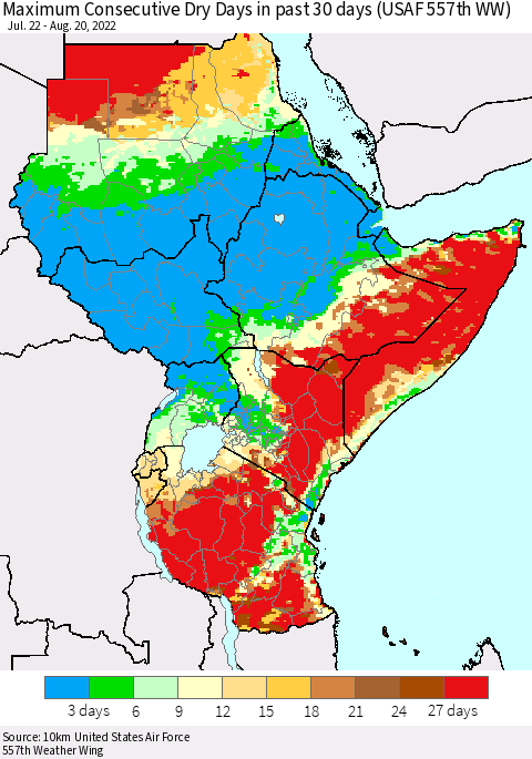 Eastern Africa Maximum Consecutive Dry Days in past 30 days (USAF 557th WW) 08/20/2022 Thematic Map For 8/16/2022 - 8/20/2022