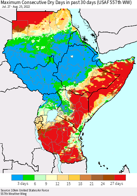 Eastern Africa Maximum Consecutive Dry Days in past 30 days (USAF 557th WW) 08/25/2022 Thematic Map For 8/21/2022 - 8/25/2022