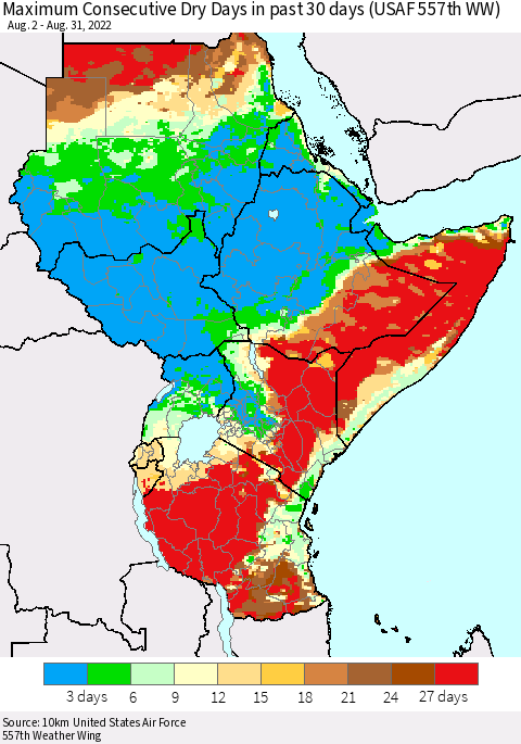 Eastern Africa Maximum Consecutive Dry Days in past 30 days (USAF 557th WW) 08/31/2022 Thematic Map For 8/26/2022 - 8/31/2022