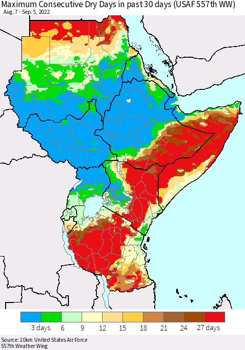 Eastern Africa Maximum Consecutive Dry Days in past 30 days (USAF 557th WW) 09/05/2022 Thematic Map For 9/1/2022 - 9/5/2022
