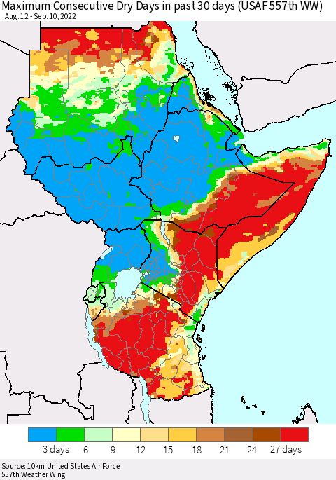 Eastern Africa Maximum Consecutive Dry Days in past 30 days (USAF 557th WW) 09/10/2022 Thematic Map For 9/6/2022 - 9/10/2022