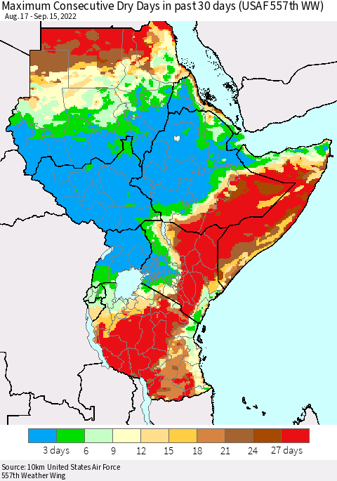 Eastern Africa Maximum Consecutive Dry Days in past 30 days (USAF 557th WW) 09/15/2022 Thematic Map For 9/11/2022 - 9/15/2022