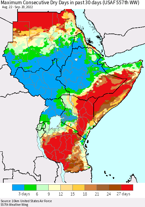 Eastern Africa Maximum Consecutive Dry Days in past 30 days (USAF 557th WW) 09/20/2022 Thematic Map For 9/16/2022 - 9/20/2022