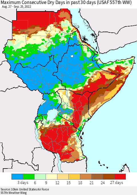 Eastern Africa Maximum Consecutive Dry Days in past 30 days (USAF 557th WW) 09/25/2022 Thematic Map For 9/21/2022 - 9/25/2022