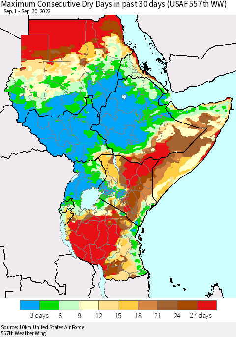 Eastern Africa Maximum Consecutive Dry Days in past 30 days (USAF 557th WW) 09/30/2022 Thematic Map For 9/26/2022 - 9/30/2022