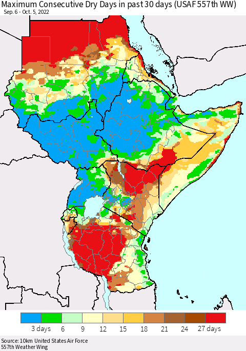 Eastern Africa Maximum Consecutive Dry Days in past 30 days (USAF 557th WW) 10/05/2022 Thematic Map For 10/1/2022 - 10/5/2022