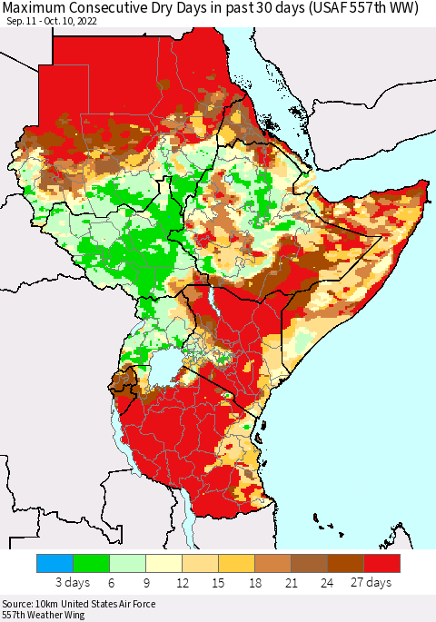 Eastern Africa Maximum Consecutive Dry Days in past 30 days (USAF 557th WW) 10/10/2022 Thematic Map For 10/6/2022 - 10/10/2022