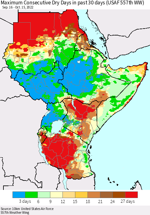 Eastern Africa Maximum Consecutive Dry Days in past 30 days (USAF 557th WW) 10/15/2022 Thematic Map For 10/11/2022 - 10/15/2022
