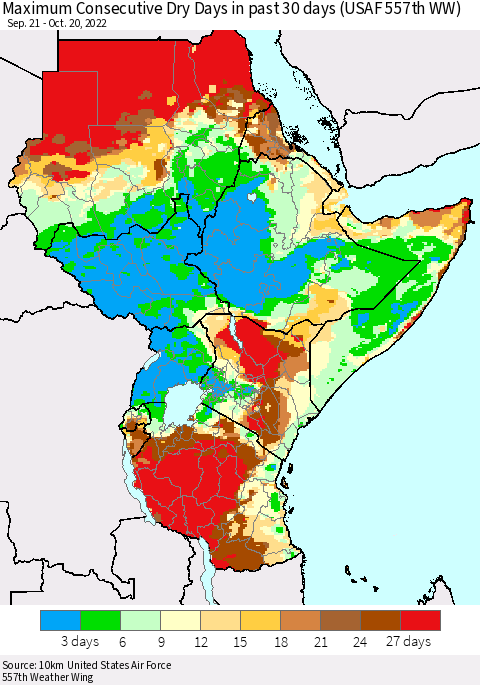 Eastern Africa Maximum Consecutive Dry Days in past 30 days (USAF 557th WW) 10/20/2022 Thematic Map For 10/16/2022 - 10/20/2022