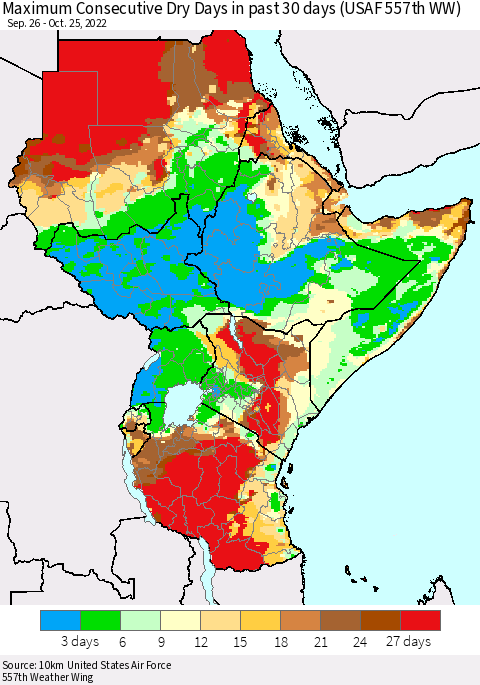 Eastern Africa Maximum Consecutive Dry Days in past 30 days (USAF 557th WW) 10/25/2022 Thematic Map For 10/21/2022 - 10/25/2022